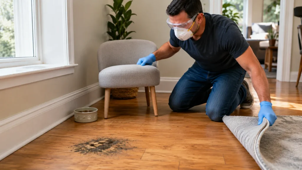 Homeowner moving a rug, chair, and nearby items away from mold on a hardwood floor