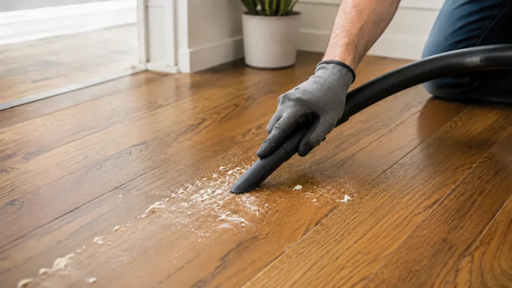 Vacuum removing loose dirt and debris from hardwood floor before glue cleanup