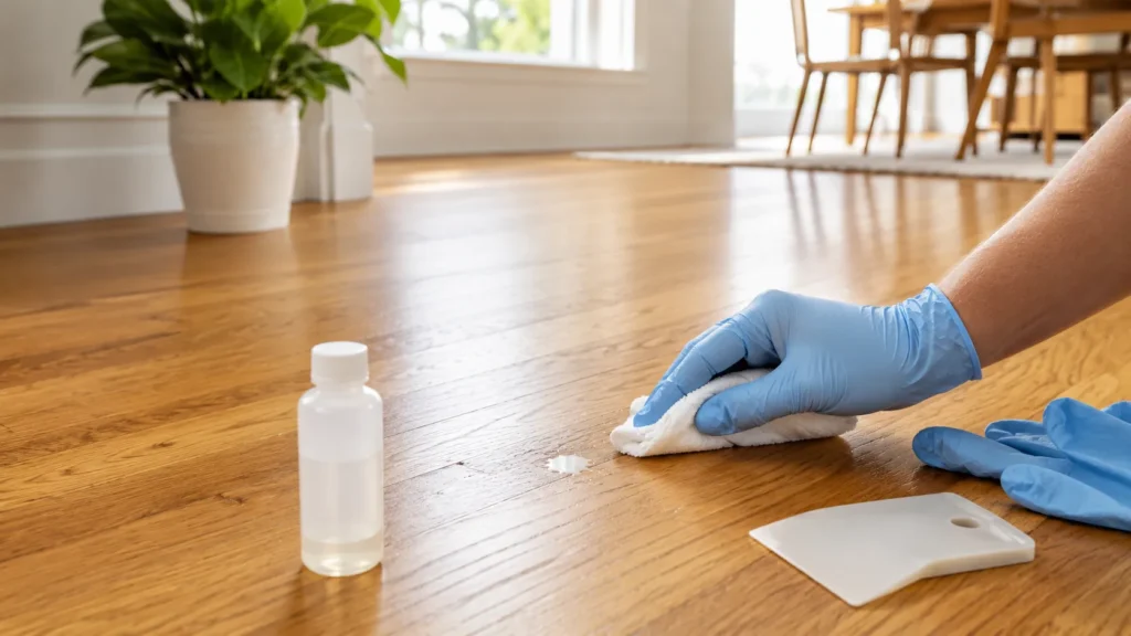 Removing oil-based paint from hardwood using a cloth, gloves, and plastic scraper