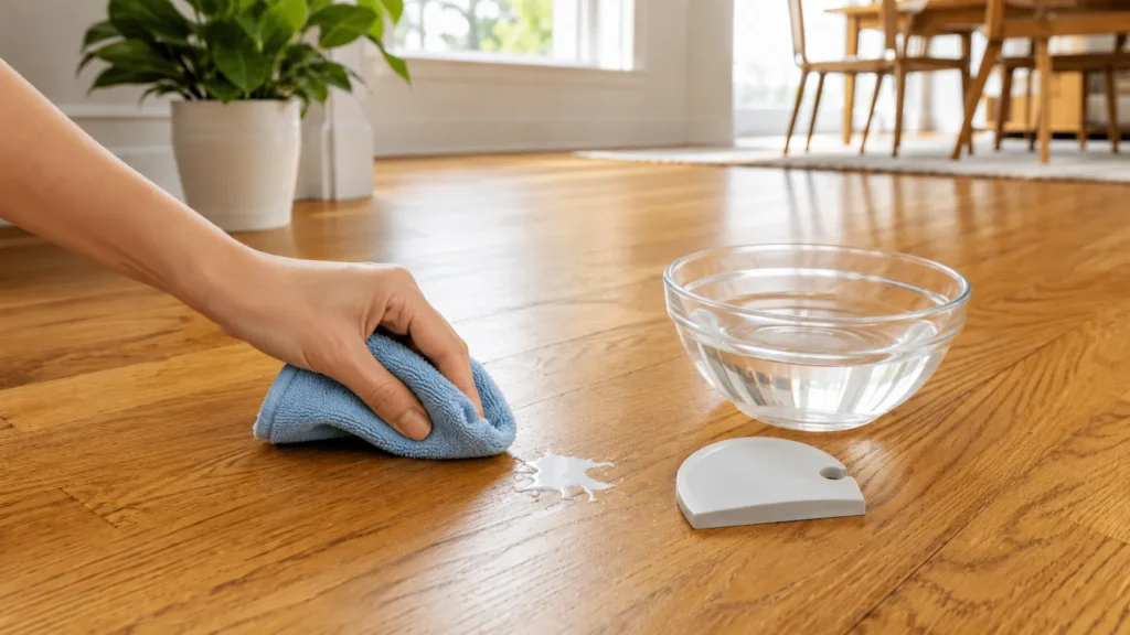Testing diluted vinegar on a small paint spot on a hardwood floor