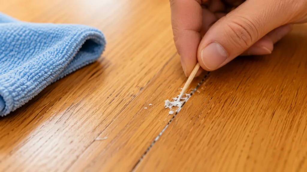 Removing dried paint carefully from the gap between hardwood floorboards