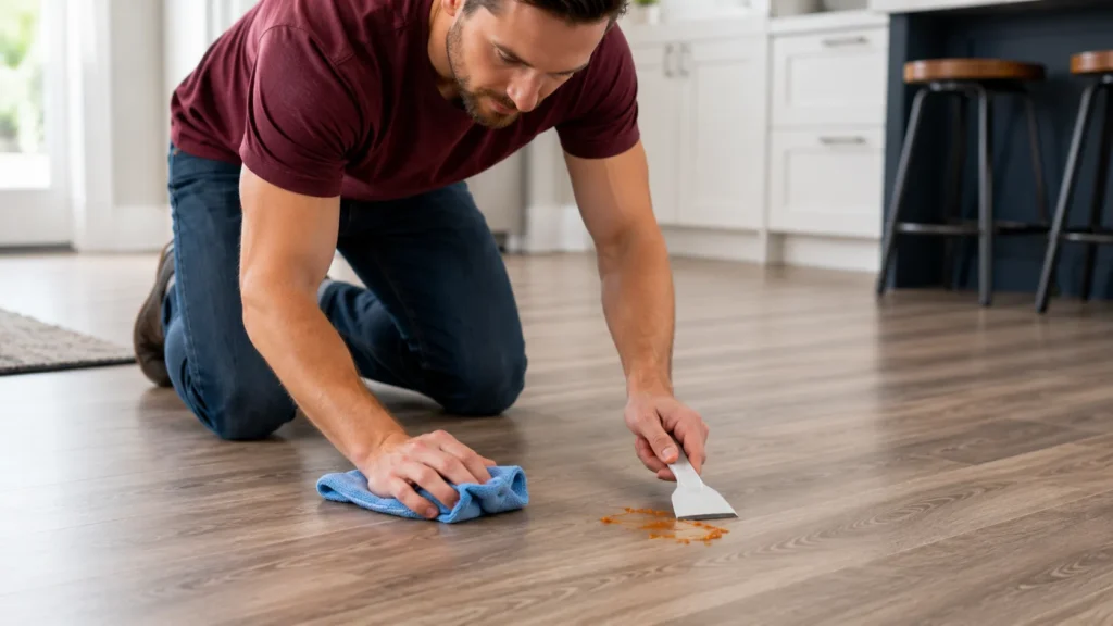 Homeowner carefully removing sticky residue from vinyl plank flooring with a plastic scraper