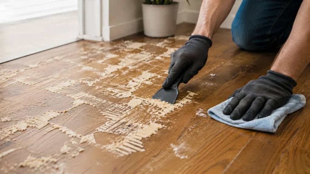 Tile glue residue being scraped from wood floor after tile removal