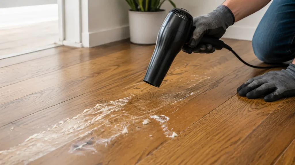 Hair dryer gently softening dried glue on hardwood floor before scraping