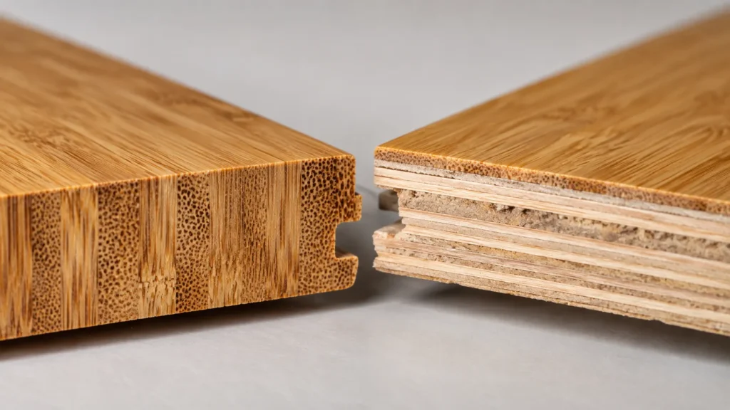Cross-section of solid bamboo and engineered bamboo flooring planks