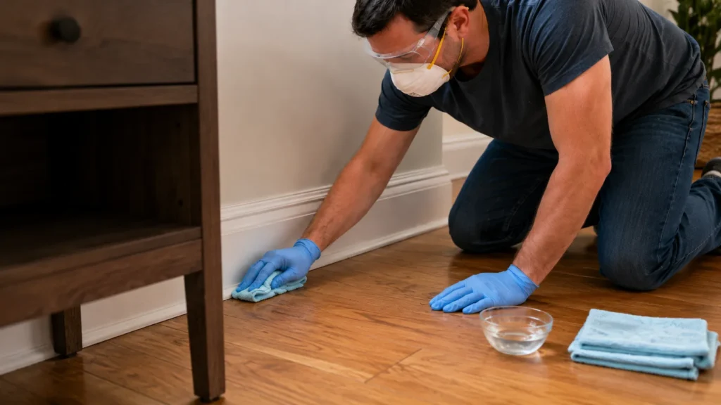 Homeowner testing a cleaning solution on a hidden section of hardwood flooring before mold removal