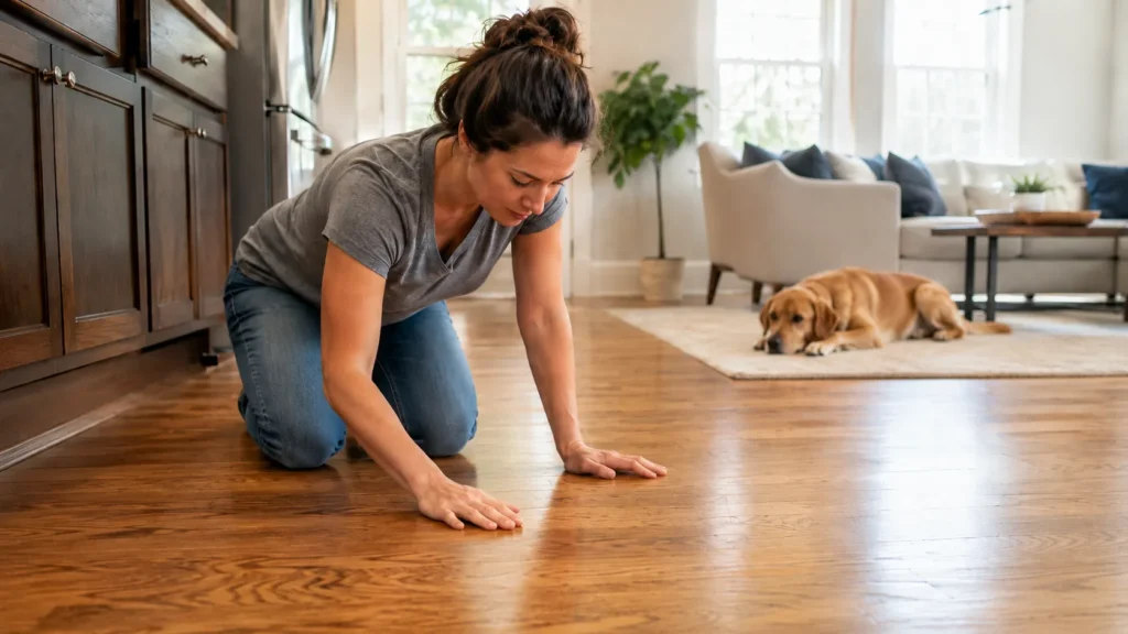 Homeowner inspecting and treating an old dark dog urine stain on a hardwood floor