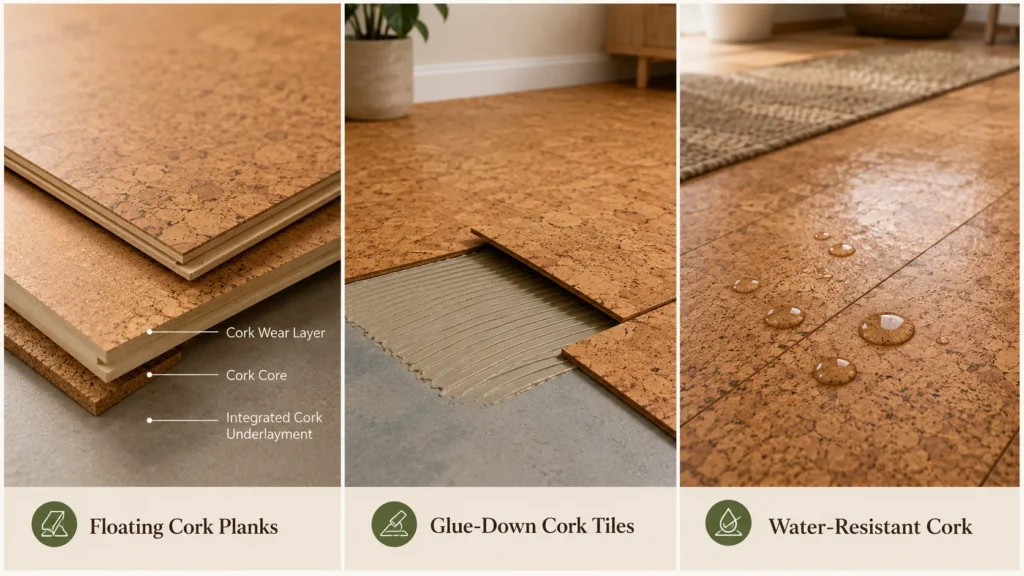 Floating cork planks, glue-down cork tiles, and water-resistant cork flooring compared