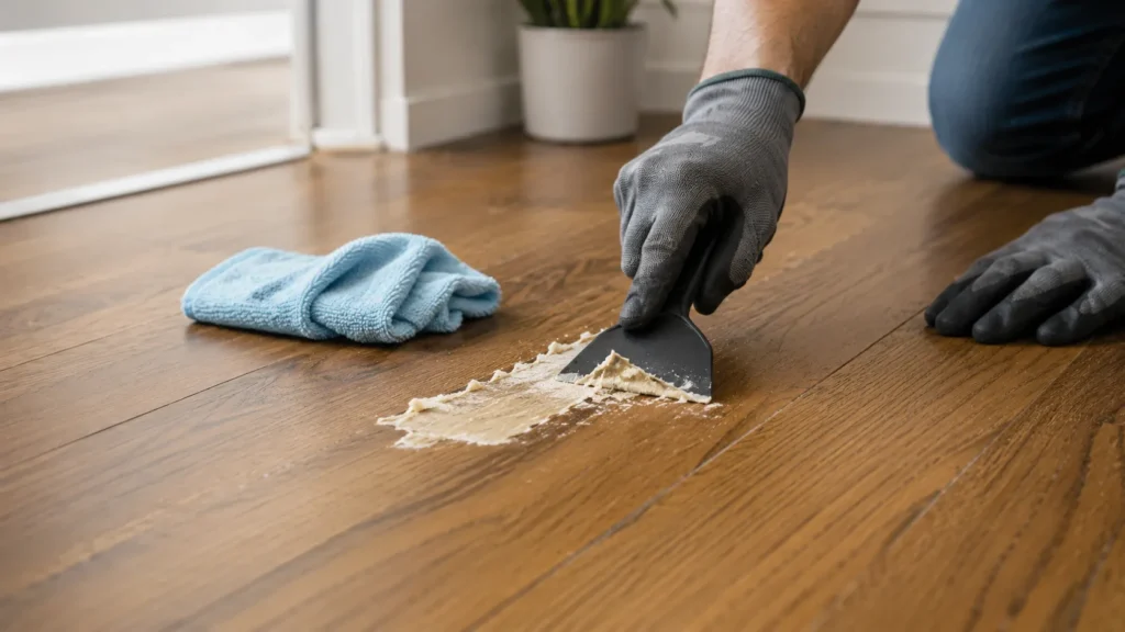 Homeowner carefully using adhesive remover on hardwood floors with a microfiber cloth