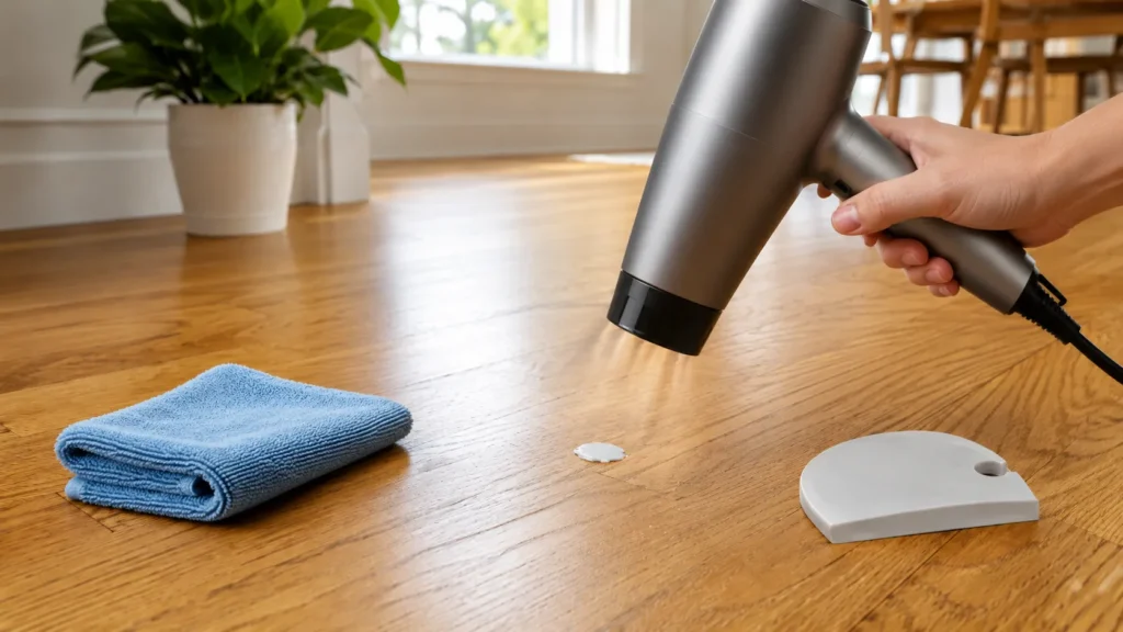 Using a hair dryer to soften dried paint before scraping it from hardwood