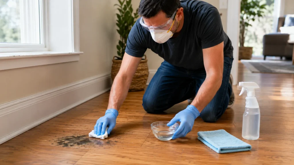 Homeowner using a small amount of vinegar solution to clean a mold spot on hardwood flooring