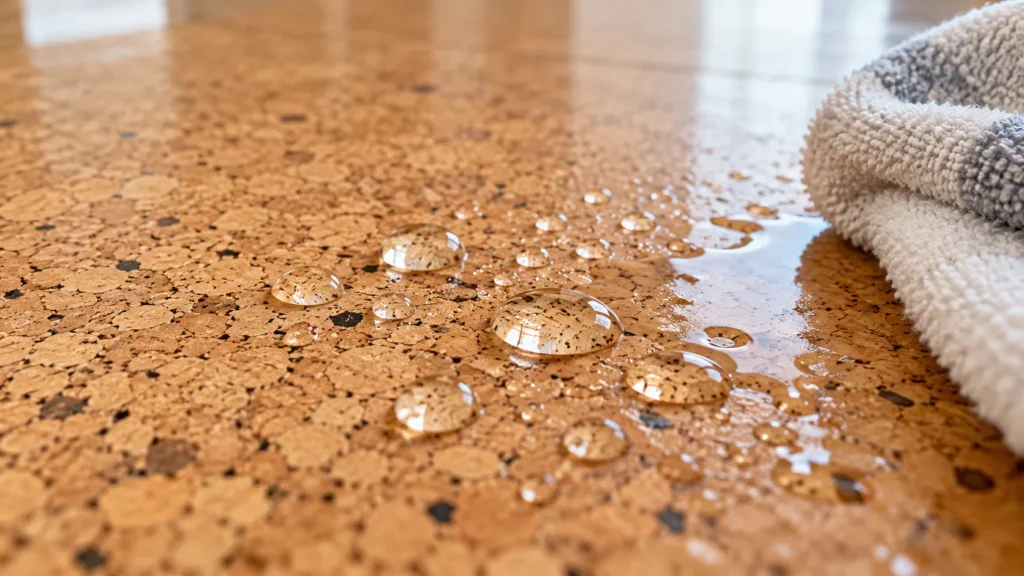 Water droplets beading on a sealed natural cork floor beside a damp cloth wiping a small spill.