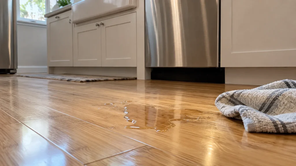 Spilled water on bamboo flooring in a kitchen
