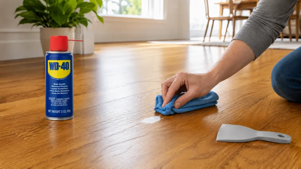 Carefully wiping a paint spot from hardwood with a small amount of lubricant