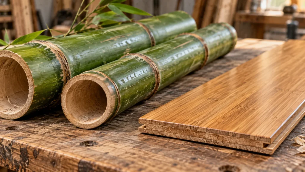 Raw bamboo stalks next to a finished bamboo flooring plank