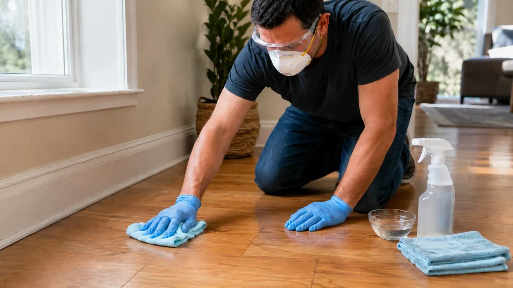 Homeowner wiping cleaning residue from hardwood flooring with a clean microfiber cloth