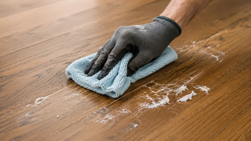 Damp microfiber cloth wiping glue residue from hardwood floor surface