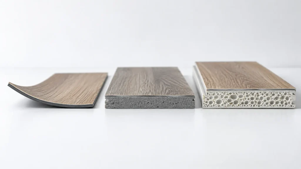 Cross-sections of flexible LVT, SPC and WPC planks showing the different core types