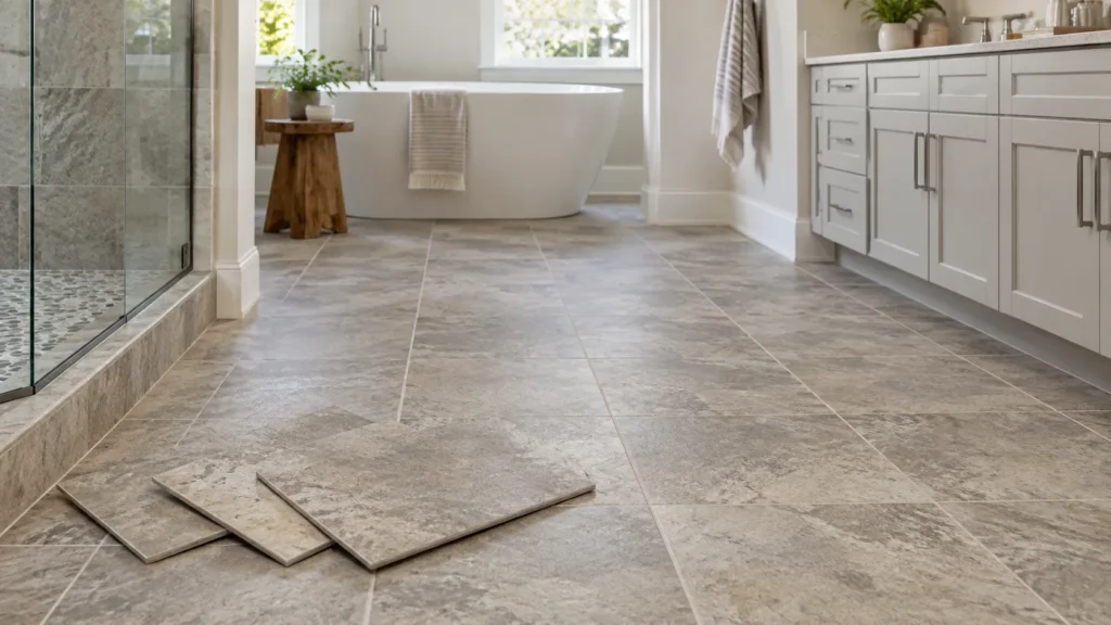 Groutable vinyl tile flooring with realistic stone-look tiles and narrow grout lines in a modern bathroom, with loose vinyl tiles in the foreground.
