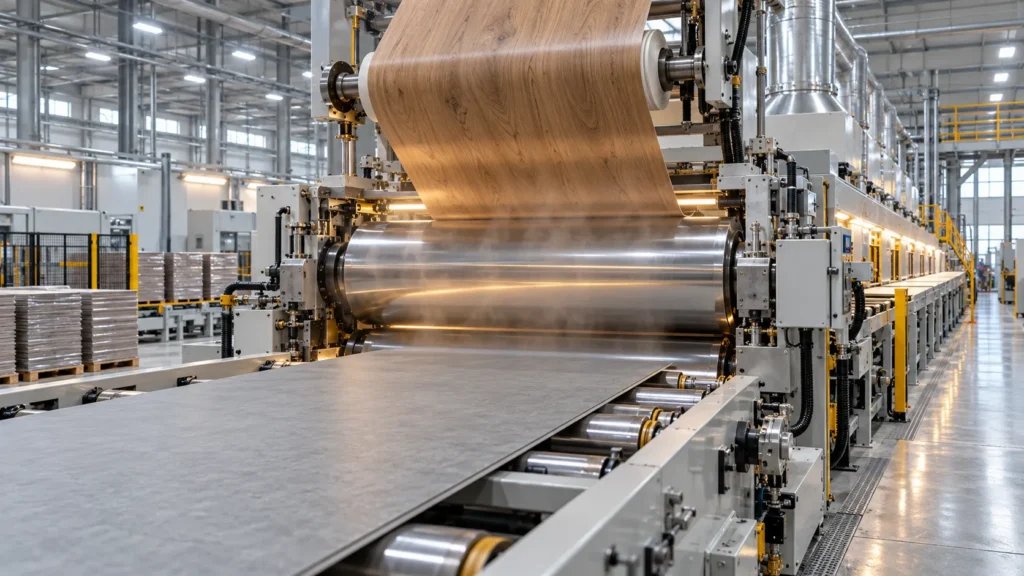 SPC flooring sheet passing through steel rollers on a factory production line