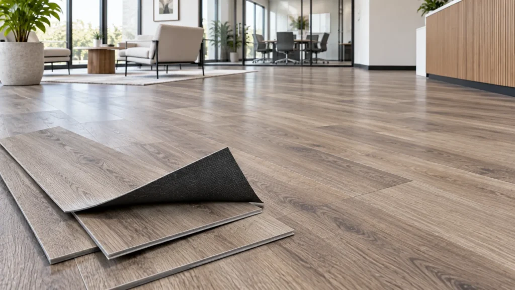 Loose-lay vinyl flooring in a modern office, with wood-look planks and a visible high-friction backing on a loose flooring sample.