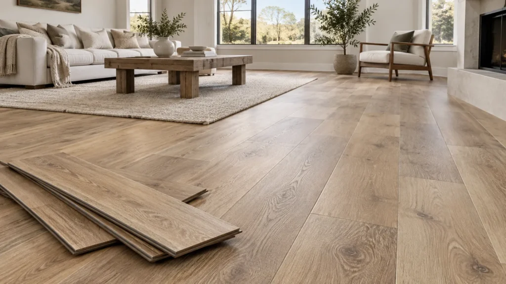 Luxury vinyl plank LVP flooring with realistic oak wood grain in a modern living room, with loose vinyl planks shown in the foreground.