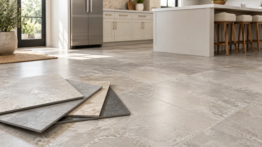 Luxury vinyl tile LVT flooring with realistic stone texture in a modern kitchen, with loose vinyl tile samples displayed in the foreground.