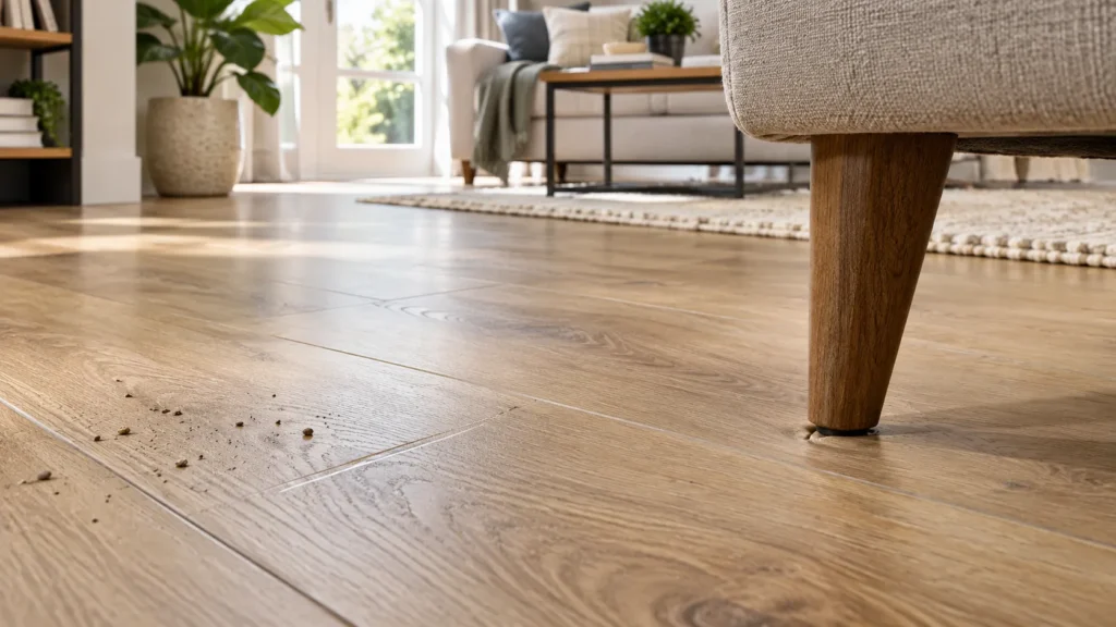 Luxury vinyl plank flooring with a light surface scratch, small dent under a furniture leg, and grit on the floor in a modern living room