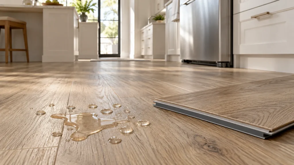 Luxury vinyl plank flooring in a modern kitchen with water droplets and a small spill on the surface showing waterproof water-resistant performance