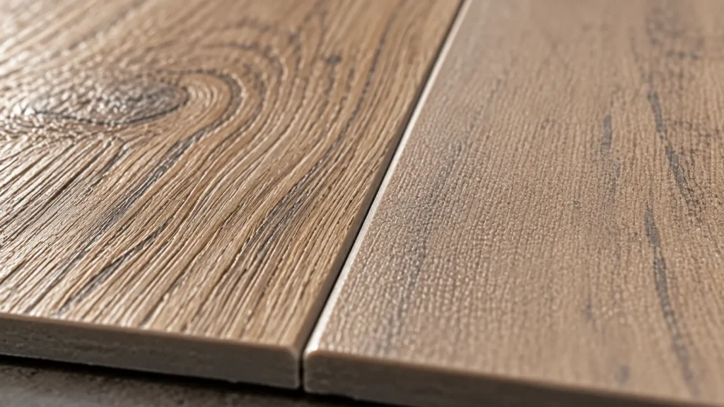 Close-up comparing embossed-in-register LVT texture with a flat generic emboss