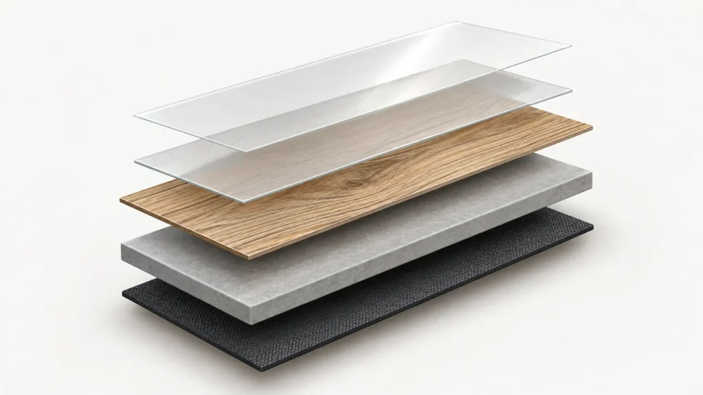 Exploded diagram of the five layers in LVT flooring: backing, core, design film, wear layer and topcoat