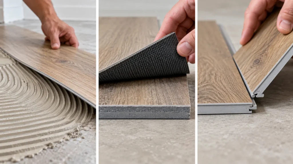 Glue-down, loose-lay and click-lock LVT flooring formats shown side by side
