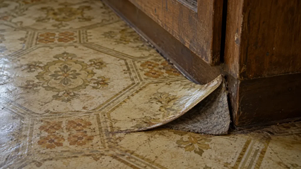 Old sheet vinyl floor lifting at a corner to show gray felt backing