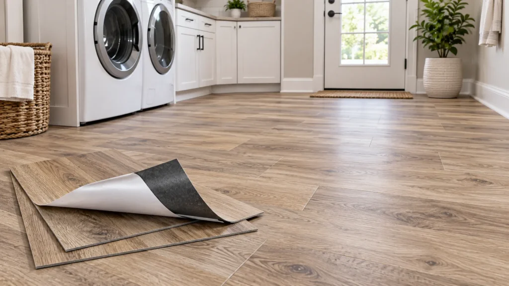 Peel-and-stick vinyl flooring in a modern laundry room, with loose wood-look vinyl pieces showing the self-adhesive backing and release liner.
