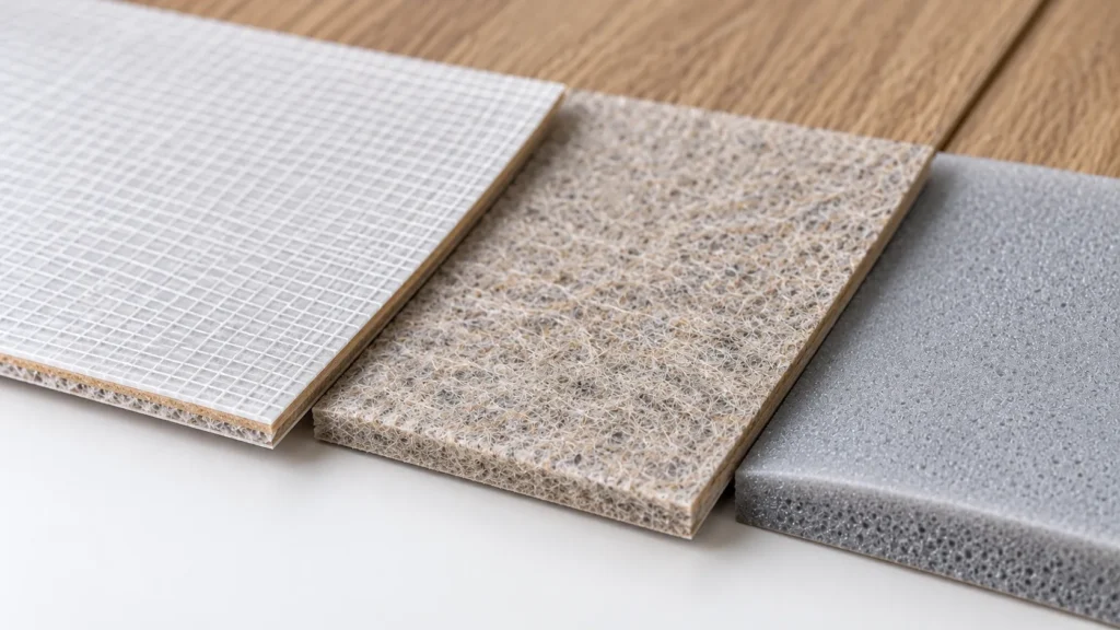 Backs of fiberglass-backed, felt-backed, and cushioned sheet vinyl samples