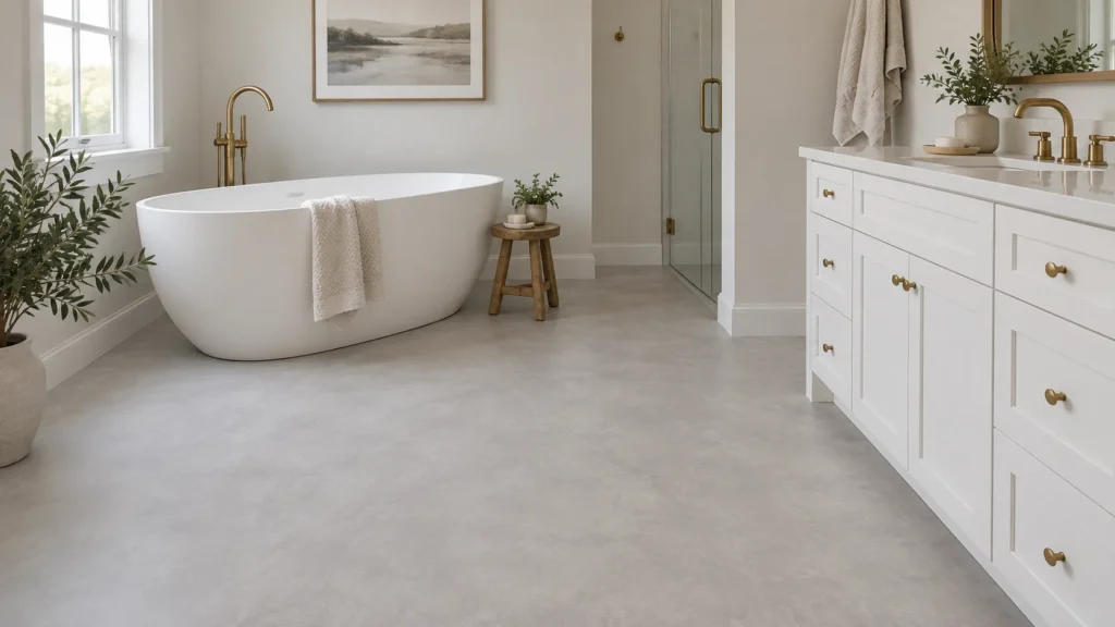 Sheet vinyl flooring with a gray stone look covering a bathroom floor in one piece