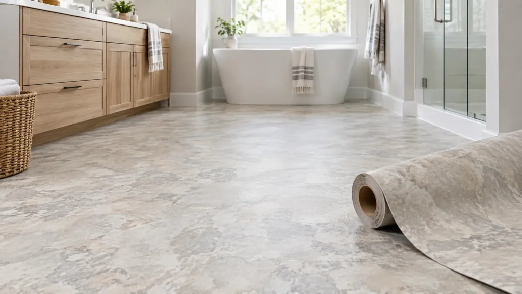 Sheet vinyl flooring with a realistic stone-look pattern in a modern bathroom, shown as a continuous surface with a partially unrolled vinyl sheet.