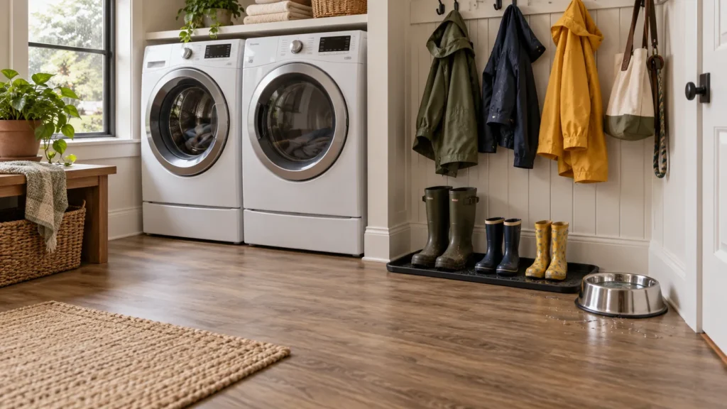 Wood-look sheet vinyl flooring in a laundry mudroom with a washer, boots, and a dog bowl