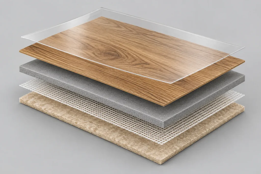 Diagram of sheet vinyl layers: backing, fiberglass, foam cushion, print layer, and clear wear layer