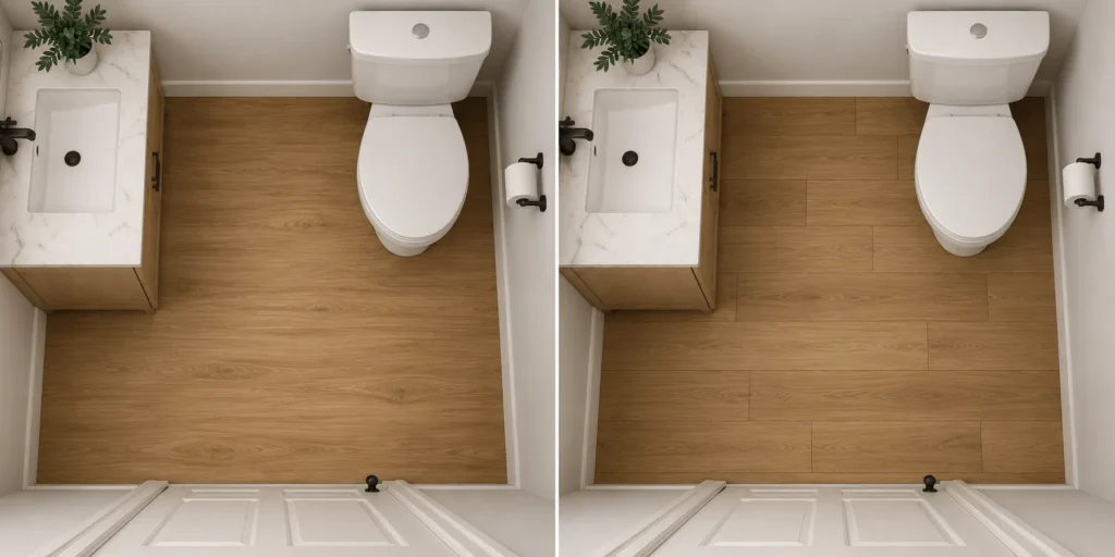 Sheet vinyl floor with no joints next to a vinyl plank floor with visible joints