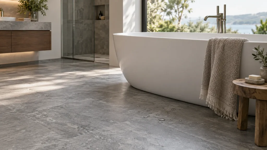 Stone-look SPC flooring in a bathroom with water beading on the surface