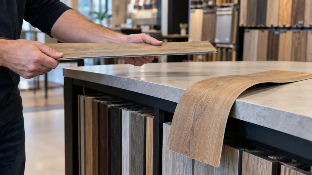 Bend test showing a rigid SPC plank next to a flexible vinyl plank