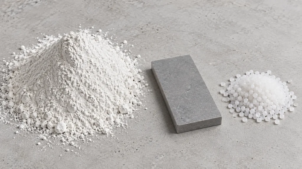 Limestone powder and PVC resin, the two main ingredients of an SPC flooring core