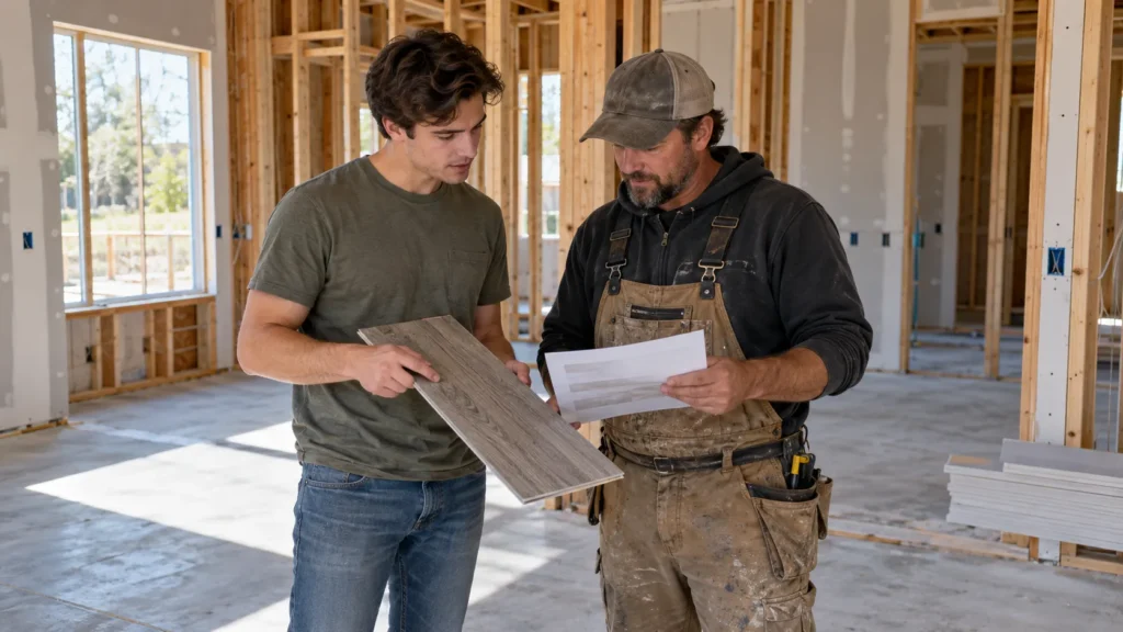 Homeowner and contractor reviewing an SPC flooring sample in a new house