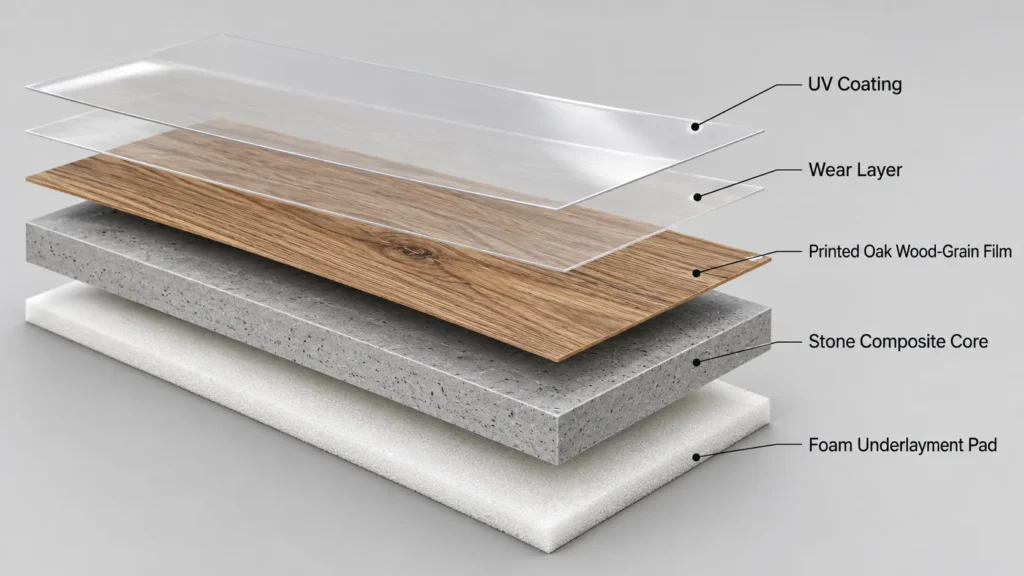 Exploded view of SPC flooring layers from UV coating to stone core and foam pad
