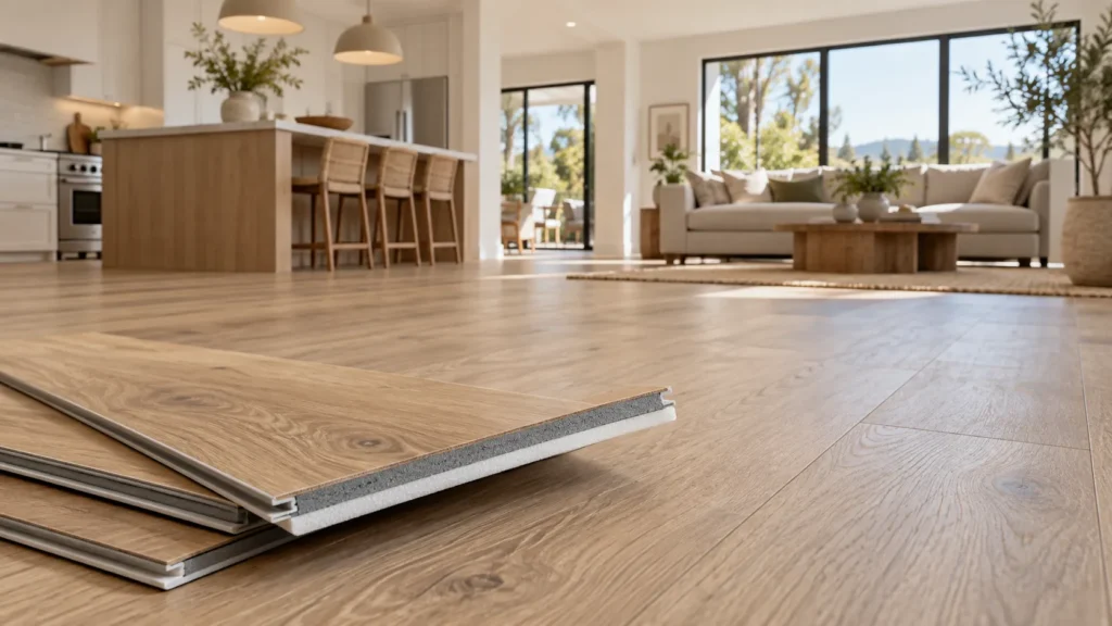 SPC vinyl plank flooring in an open-plan kitchen with loose planks showing the stone core