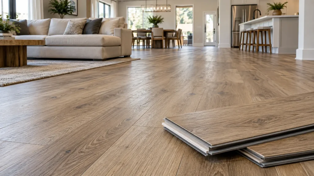 SPC vinyl flooring with realistic oak wood-look planks in a modern open-plan home, with rigid-core plank layers visible in the foreground.