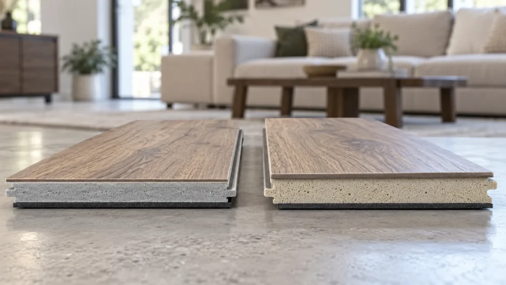 Side-by-side comparison of SPC and WPC flooring planks showing dense rigid SPC core and thicker cushioned WPC core in a modern living room