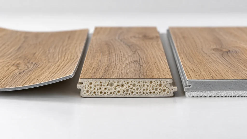 Cut edges of flexible vinyl, WPC and SPC planks compared side by side