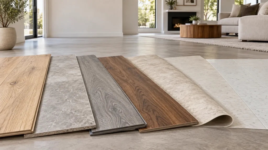 Modern interior showing different types of vinyl flooring, including wood-look LVP, stone-look LVT, SPC, WPC, sheet vinyl, and VCT tile.